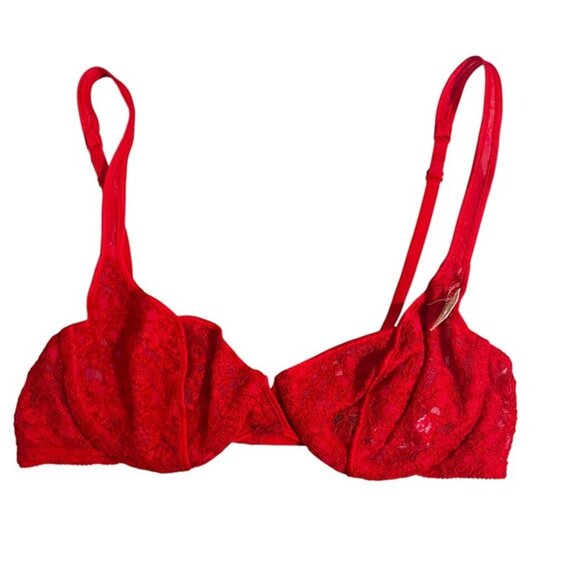 Vtg Christian Dior bra 32C red lace underwire not padded or lined semi sheer NWT - Picture 3 of 8